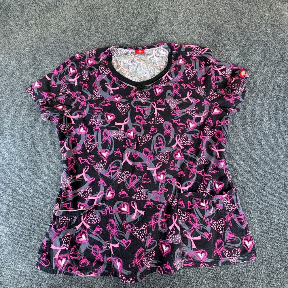 Dickies Scrub‎ Top Womens Black Pink Breast Cancer Awareness Logo Short Sleeve